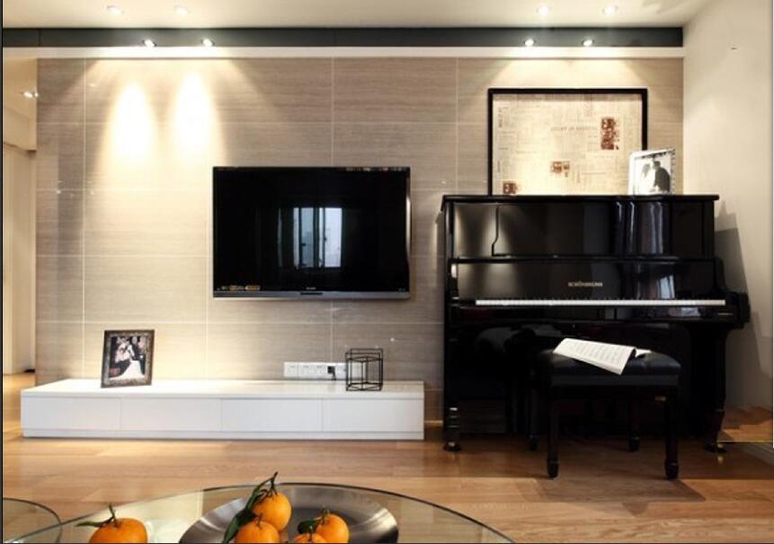 赤峰建鑫小区客厅简约电视墙客厅黑色钢琴透明茶几效果图